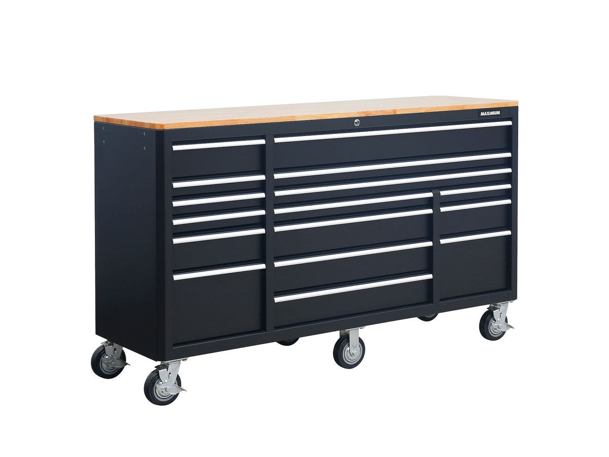 MAXIMUM Tool Cabinet with Wood Top and 4-Outlet Power Strip, Black, 74x24-in
