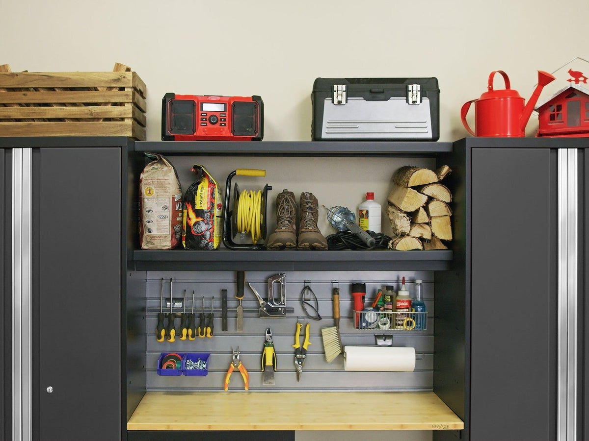 NewAge Bold Series Lockable 24-Gauge Steel Garage Cabinetry Set with Bamboo Top, Black/Grey, 48-in x 18-in x 76.75-in, 5-pc