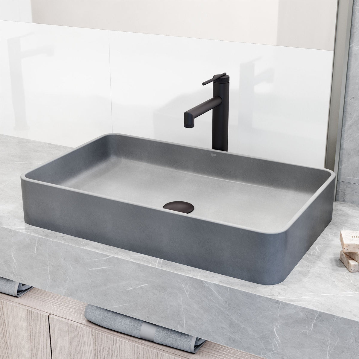 VIGO Basilica Gothic ConcretoStone 23x14-in Deep Grey Bathroom Sink/Basin with Rectangular Vessel