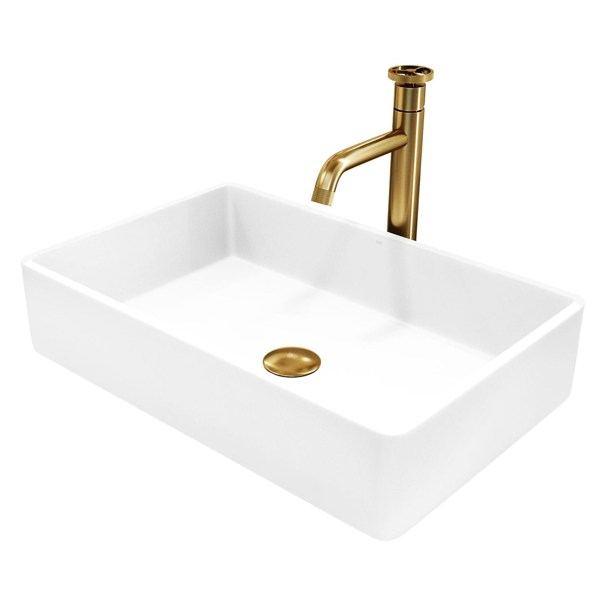 VIGO Magnolia MatteStone White Bathroom Sink/Basin Set with Cass Faucet and Rectangular Composite Vessel
