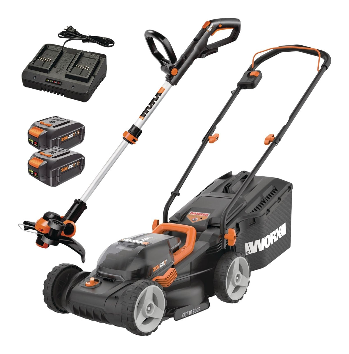 Worx WG934 Power Share 2x20V 2-in-1 Combo Kit, WG779 40V Cordless Mower, 14-in + WG163.9 20V Cordless Grass Trimmer/Edger, 12-in