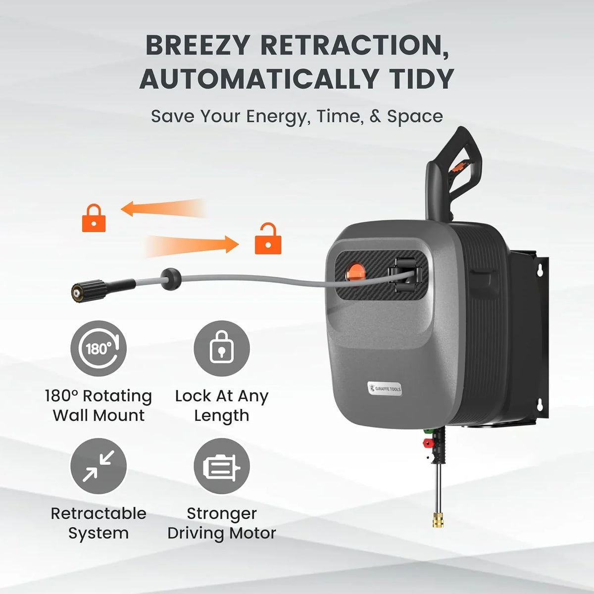 Pressure Washer G20 Pro, 2500 PSI 2.2 GPM, 180° Wall Mounted Power Washer, Auto-retract with 65FT Hose Reel, 5 Nozzles for Floor/Cars/Fences/Patios, Dark Silver