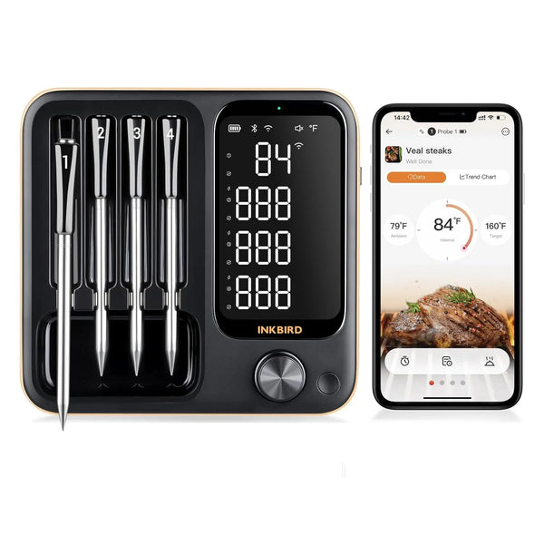 True wireless meat thermometer, equipped with 4 probes, Bluetooth meat thermometer, with backlit LCD display, Wi-Fi-enabled smart food thermometer, rechargeable, suitable for barbecue grills, charcoal grills, ovens, and rotating barbecue racks. H0
