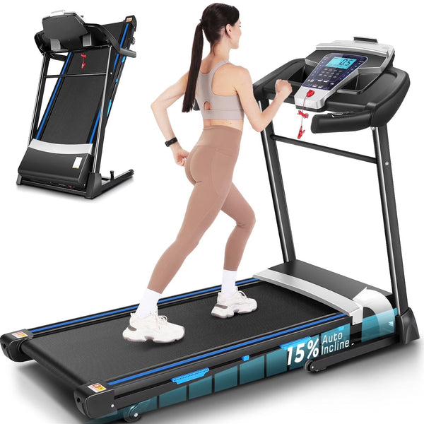 ANCHEER Folding Treadmill with 15% Auto Incline,3.25HP Ultra-silent Motor, Speed Range of 0.6~10MPH,300lb Capacity, APP Bluetooth... T6
