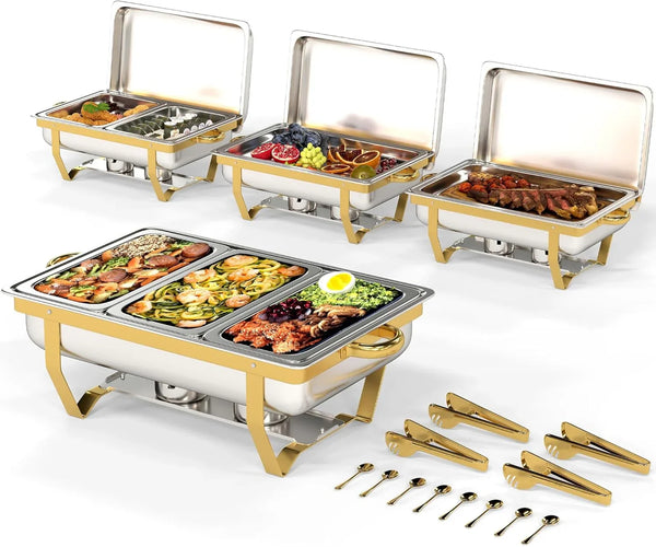 4 Pack Stainless Steel Chafing Dishes for Buffet, 9 QT Capacity 7 Pans Food Warmers for Parties, Weddings, Events Hosting, Family Gatherings, Full Set Catering Server with Serving Utensils Accessories Y9