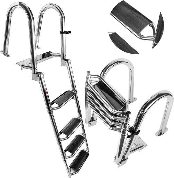 4 Steps Telescoping Boat Ladder Reinforce Dock Ladder Heavy Duty Swim Deck Ladder with Hand Railings and Extra Wide Steps N1