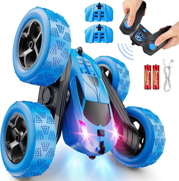 Children's version remote control car (suitable for children over 6 years old), RC car stunt toy, four-wheel drive, double-sided design, 360° rotating remote control, with headlights, is a birthday or Christmas gift for boys aged 6, 7, 8, 9, 10, 11, X7