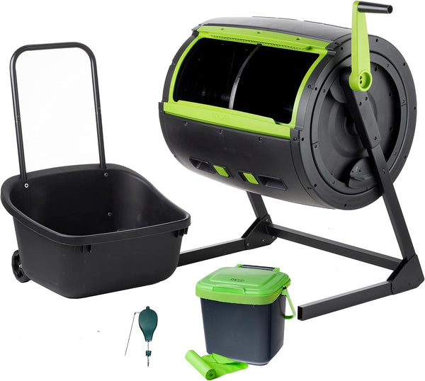 Two 65-gallon two-stage composting drums, equipped with large double doors and an open frame, are also provided along with a maze-style compost cart, a 1.85-gallon kitchen trolley-style compost bin, three rolls of corn bags, and a retractable plant t A9