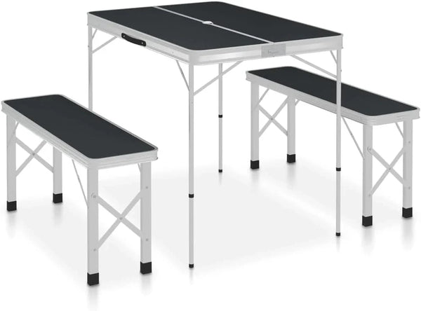 Folding Camping Table with 2 Benches Aluminium Grey,Item colourGrey and Silver J8