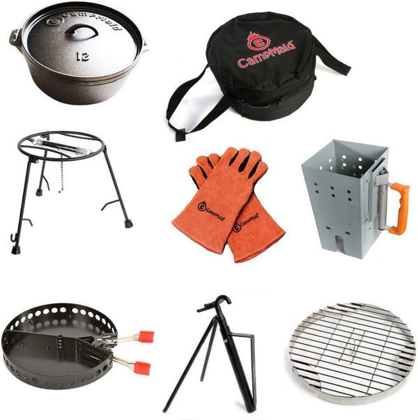 Outdoor Cooking Set - Dutch Oven and Tools Set - Charcoal Holder & Cast Iron Grill Accessories - Camping Grill Set - Outdoor Cooking Essentials - Camp Kitchen Equipment - (8 Piece Set) F5