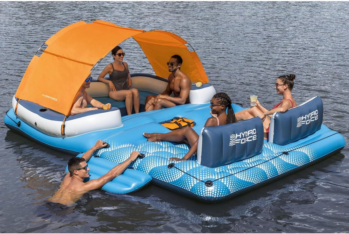 Tropical Breeze 6 Person Inflatable Party Island Large Relaxing Water Float with Detachable Sunshade and Cooler Bag