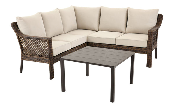 FOR LIVING Bracebridge All-Weather Wicker Outdoor Patio Sectional with Woodgrain Steel Table Top, Brown, 3-pc S6