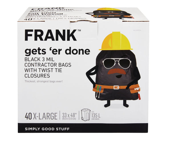 FRANK Extra-Large Twist-Tie Contractor Garbage Bags, 40-pk, Black, 135-L R0