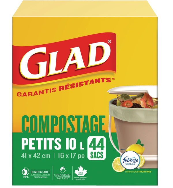 Glad Small 100% Compostable Febreze Lemon Scented Food Waste Bags, 44-pk, 10-L I9