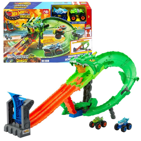 Hot Wheels Sharks vs. Dinos Dragon Destruction Playset with 2 1:64 Hot Wheels Monster Trucks T7
