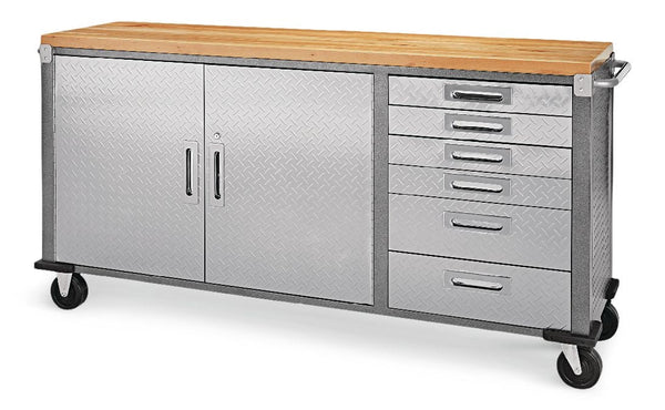Mastercraft 72" Diamond Series 2-Door, 6-Drawer Wooden Top Work Station with Wheels, 72 x 21-5/8 x 37-1/2-in N9