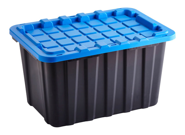 Mastercraft Heavy Duty Stackable Storage Box with Lid, 102-L, Black/Blue V6