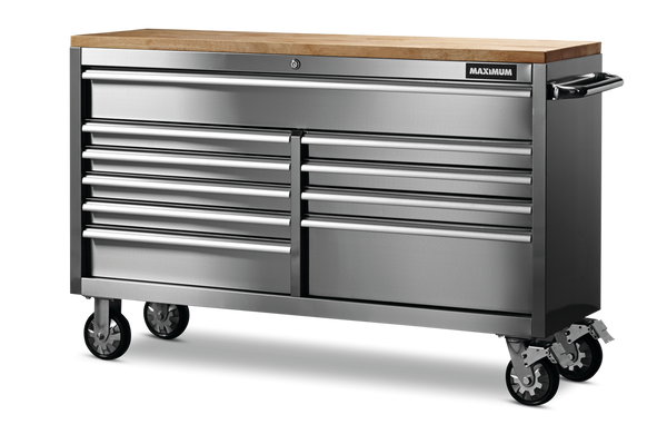 MAXIMUM Butcher Block Top Rolling Tool Storage Cabinet with 10 Drawers, Stainless Steel, 56-in Z2