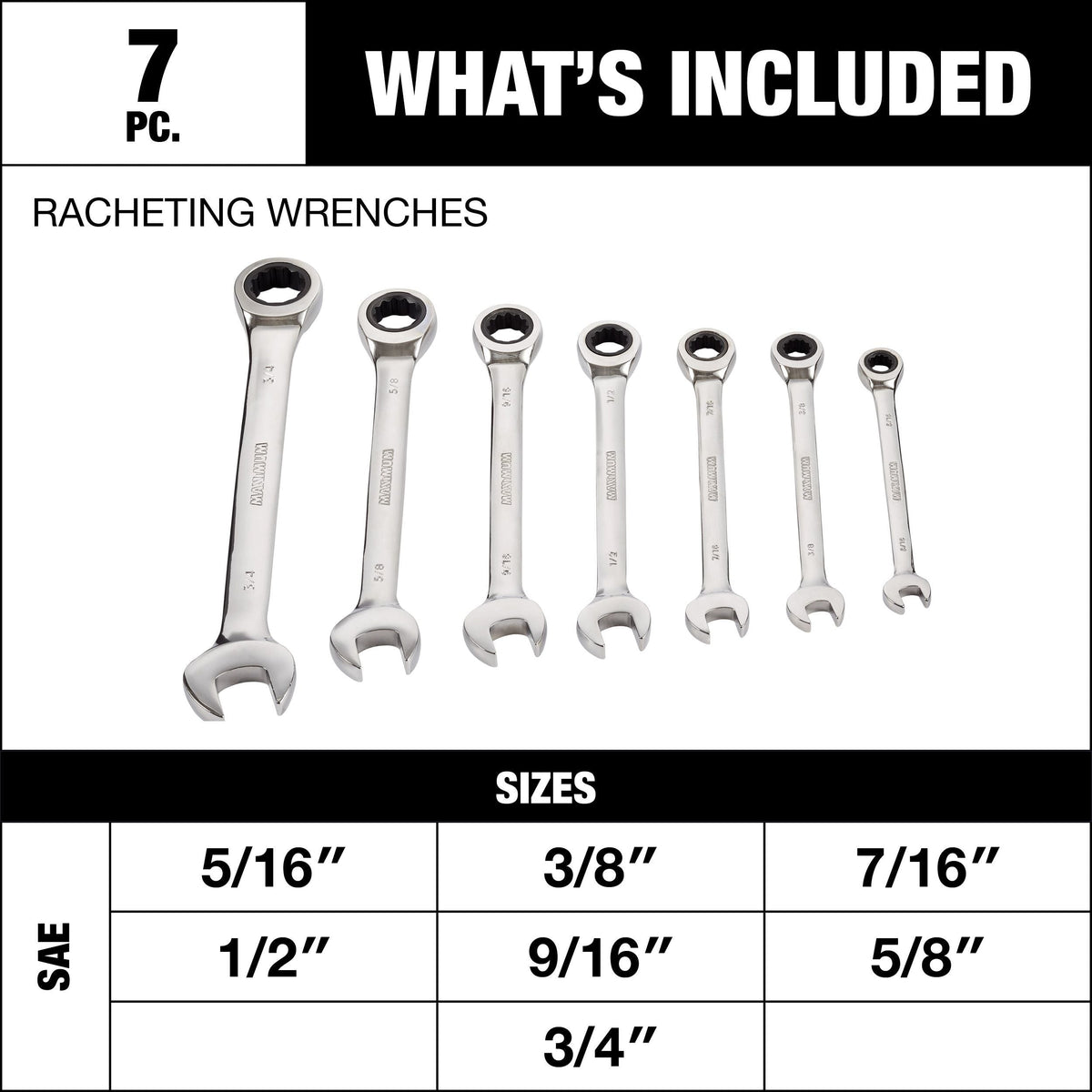 MAXIMUM Ratcheting Wrench Set, SAE, Nickel-Chrome Plating, 7-pc