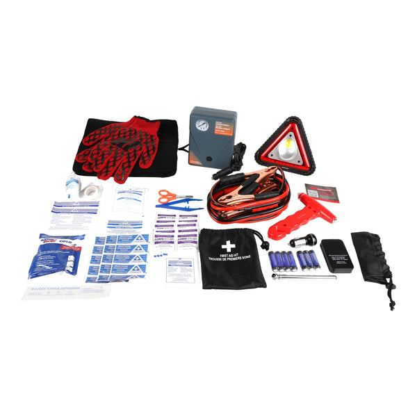 MotoMaster Executive Safety Kit with Booster Cables, Air Compressor & LED Flares J8