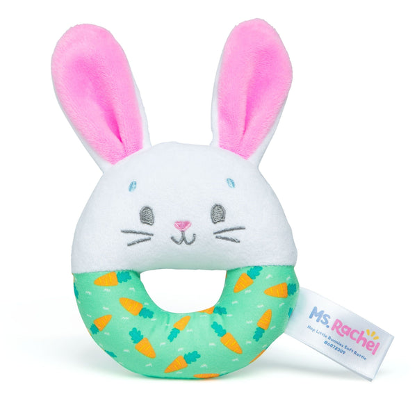 Ms. Rachel, Hop Little Bunnies Soft Rattle Toy, Baby Teething Toys with Plush Bunny Cover, Toddler Toys V2