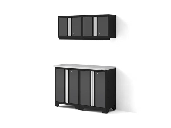 NewAge Bold 3.0 Series All-in-One Lockable Steel Garage Cabinetry Set with Stainless Steel Top, Black/Grey, 48-in x 18-in x 76.75-in, 5-pc F2