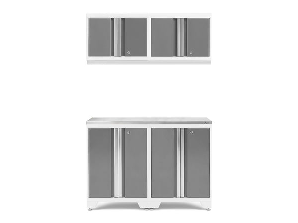 NewAge Bold 3.0 Series All-in-One Lockable Steel Garage Cabinetry Set with Stainless Steel Top, White/Platinum, 48-in x 18-in x 76.75-in, 5-pc C4