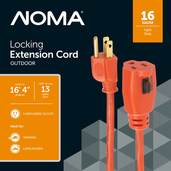 NOMA 16/3 Outdoor Extension Cord with Grounded Outlet & Locking Connector, Orange F7