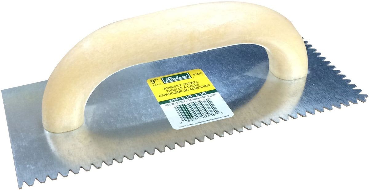 Richard Steel Flat Top V-Notch Adhesive Trowel For Ceramic Tile/Flooring, 3/16 x 1/8-in
