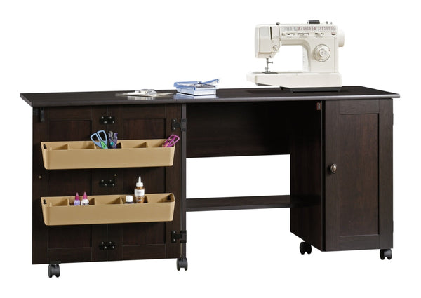 Sauder Folding Sewing & Craft Table/Storage Cart with Locking Wheels, Cinnamon Cherry Finish R9