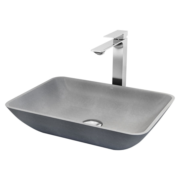 VIGO Duomo Gothic ConcretoStone Grey Bathroom Sink/Basin Set with Dunn Faucet and Rectangular Vessel D2