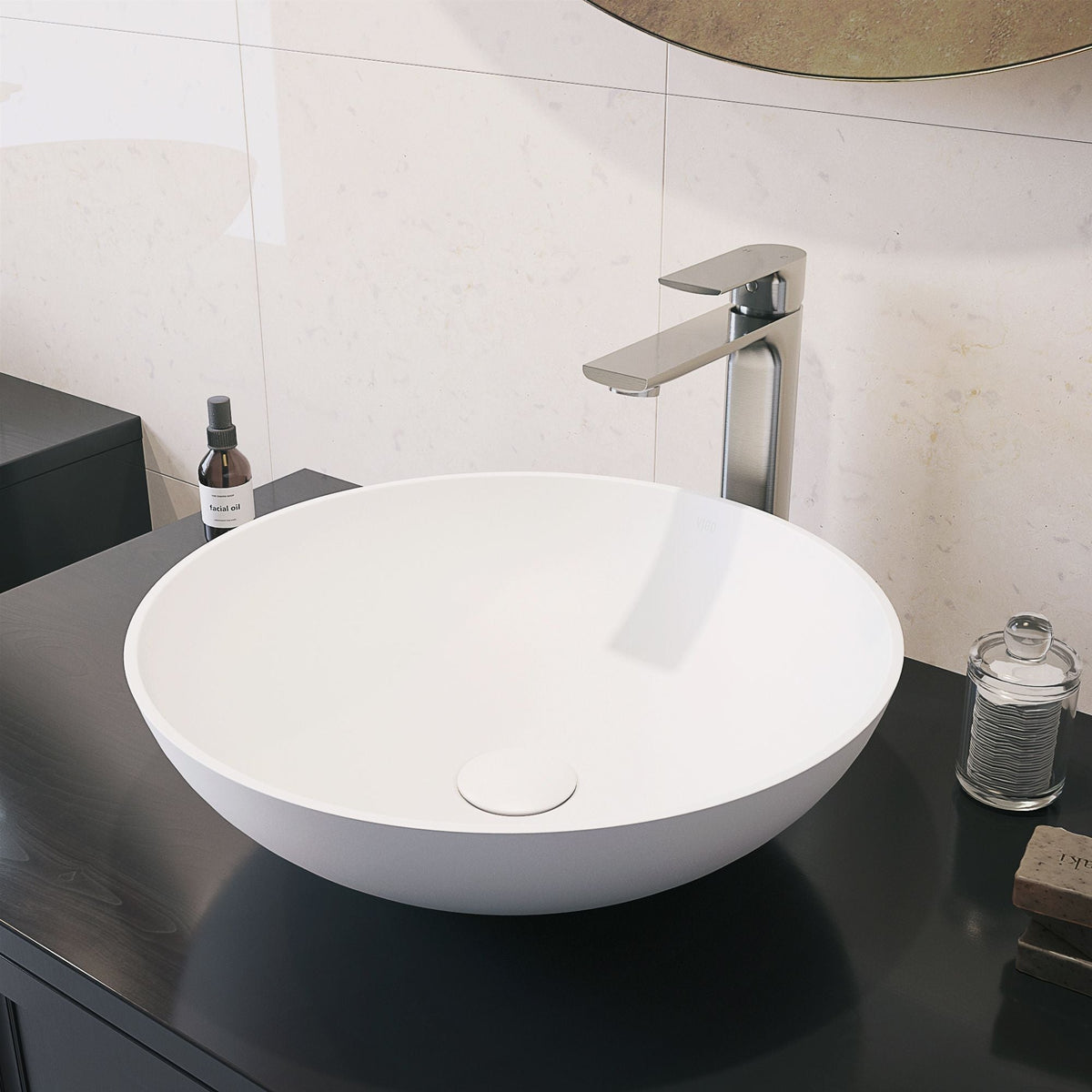VIGO Lotus Matte Stone Round Composite Vessel Bathroom Sink/Basin with Deep Bowl, White