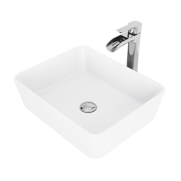 VIGO Marigold MatteStone White Bathroom Sink/Basin Set with Niko Faucet and Rectangular Composite Vessel P3