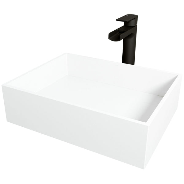 VIGO Montauk MatteStone White Bathroom Sink/Basin Set with Amada Faucet and Rectangular Composite Vessel H2